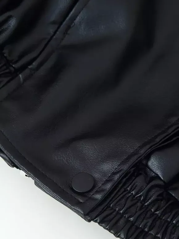 Blouson bomber oversize en similicuir pour femme - Manteau motard rétro noir à col montant et coupe ample - Style streetwear chic printemps 2026