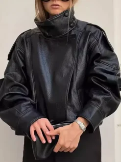 Blouson bomber oversize en similicuir pour femme - Manteau motard rétro noir à col montant et coupe ample - Style streetwear chic printemps 2026