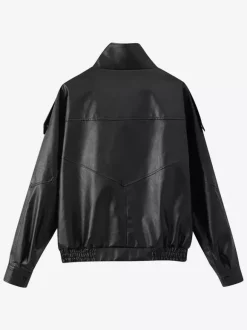Blouson bomber oversize en similicuir pour femme - Manteau motard rétro noir à col montant et coupe ample - Style streetwear chic printemps 2026