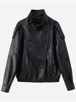 Blouson bomber oversize en similicuir pour femme - Manteau motard rétro noir à col montant et coupe ample - Style streetwear chic printemps 2026