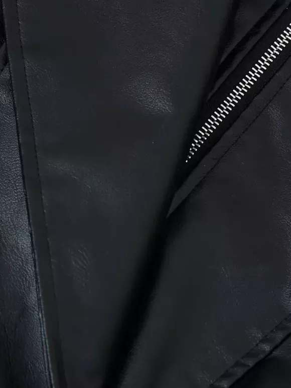 Blouson bomber oversize en similicuir pour femme - Manteau motard rétro noir à col montant et coupe ample - Style streetwear chic printemps 2026
