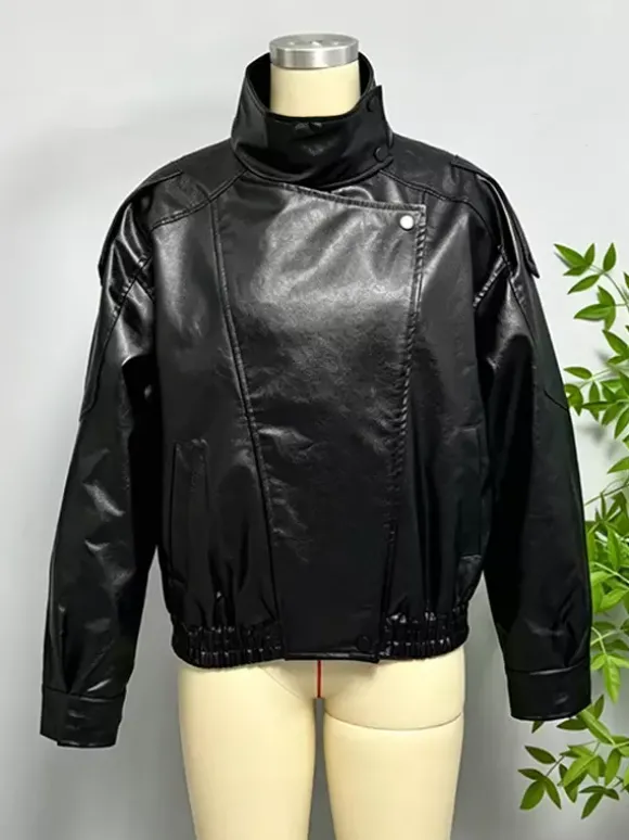 Blouson bomber oversize en similicuir pour femme - Manteau motard rétro noir à col montant et coupe ample - Style streetwear chic printemps 2026