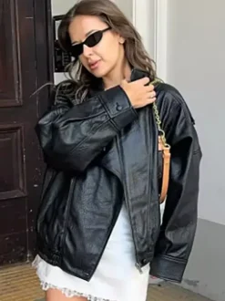 Blouson bomber oversize en similicuir pour femme - Manteau motard rétro noir à col montant et coupe ample - Style streetwear chic printemps 2026