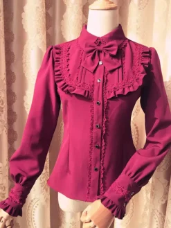 Blouson Sweet Lolita Robe rouge à manches longues Collier Bow Ruffled Winter Lolita Shirt Déguisements Halloween