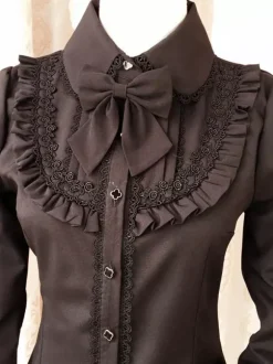 Blouson Sweet Lolita Robe rouge à manches longues Collier Bow Ruffled Winter Lolita Shirt Déguisements Halloween