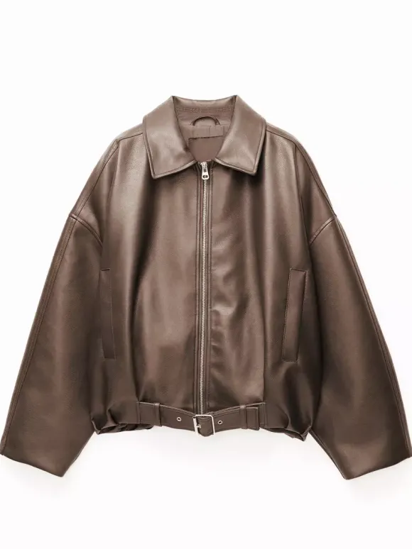 Blouson aviateur oversize en similicuir avec ceinture pour l'automne 2026