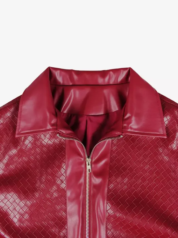 Blouson bomber en similicuir à motif tissé pour femme - Veste courte zippée texturée - Style motard streetwear printemps 2026
