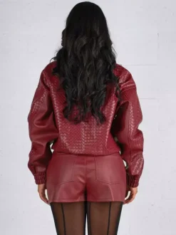 Blouson bomber en similicuir à motif tissé pour femme - Veste courte zippée texturée - Style motard streetwear printemps 2026