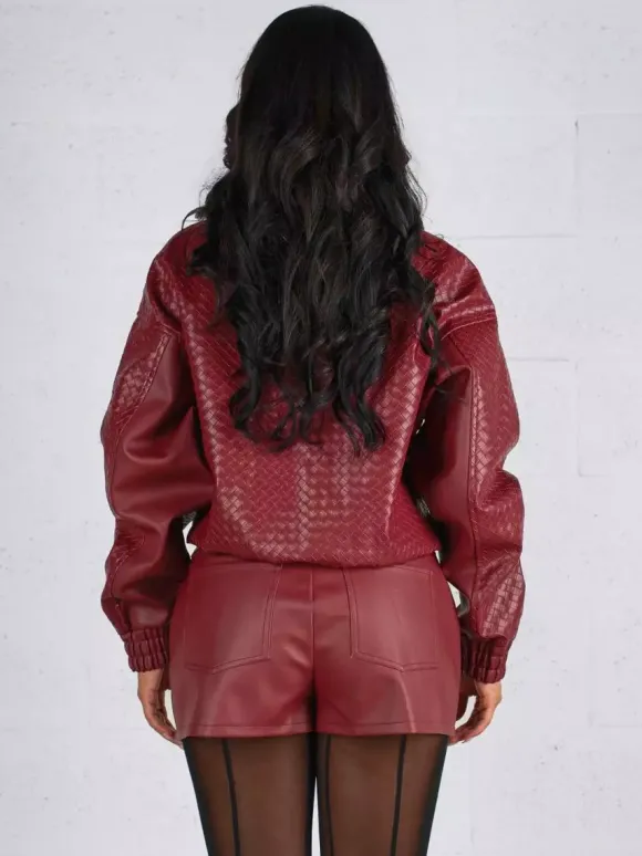 Blouson bomber en similicuir à motif tissé pour femme - Veste courte zippée texturée - Style motard streetwear printemps 2026