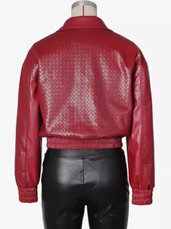 Blouson bomber en similicuir à motif tissé pour femme - Veste courte zippée texturée - Style motard streetwear printemps 2026