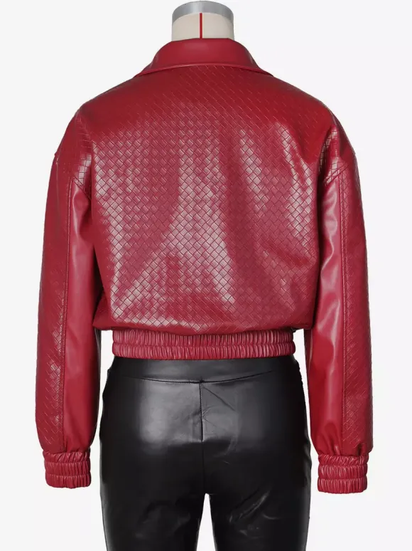 Blouson bomber en similicuir à motif tissé pour femme - Veste courte zippée texturée - Style motard streetwear printemps 2026