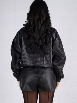 Blouson bomber en similicuir à motif tissé pour femme - Veste courte zippée texturée - Style motard streetwear printemps 2026