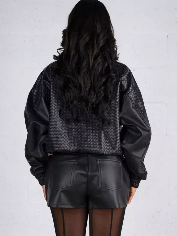 Blouson bomber en similicuir à motif tissé pour femme - Veste courte zippée texturée - Style motard streetwear printemps 2026