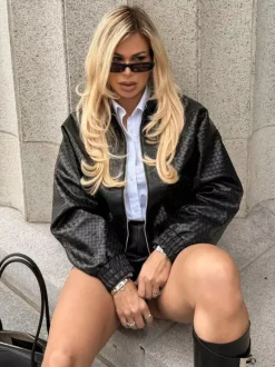 Blouson bomber en similicuir à motif tissé pour femme - Veste courte zippée texturée - Style motard streetwear printemps 2026