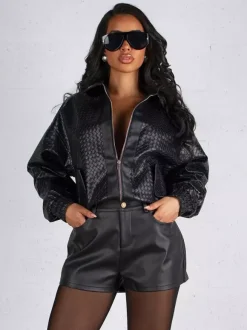 Blouson bomber en similicuir à motif tissé pour femme - Veste courte zippée texturée - Style motard streetwear printemps 2026