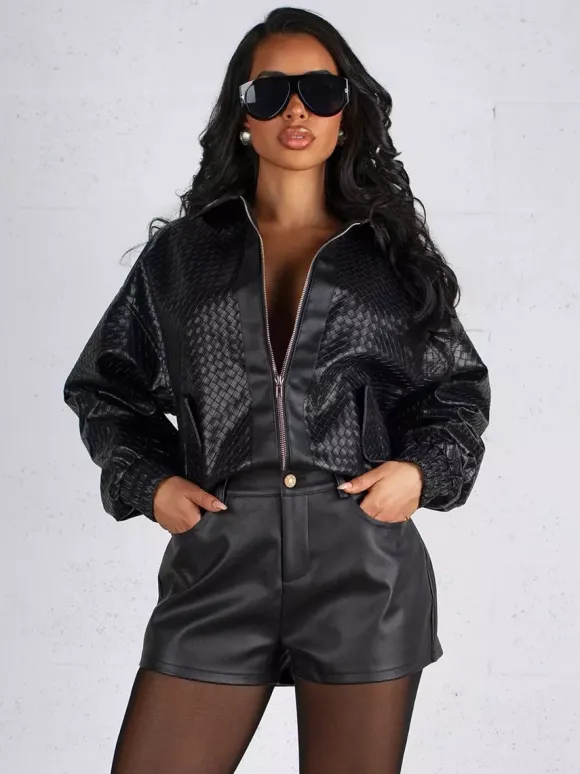 Blouson bomber en similicuir à motif tissé pour femme - Veste courte zippée texturée - Style motard streetwear printemps 2026