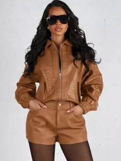 Blouson bomber en similicuir à motif tissé pour femme - Veste courte zippée texturée - Style motard streetwear printemps 2026