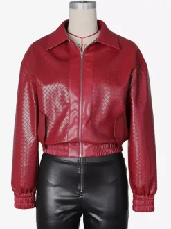 Blouson bomber en similicuir à motif tissé pour femme - Veste courte zippée texturée - Style motard streetwear printemps 2026