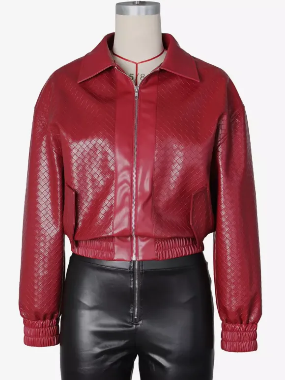 Blouson bomber en similicuir à motif tissé pour femme - Veste courte zippée texturée - Style motard streetwear printemps 2026