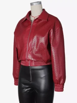 Blouson bomber en similicuir à motif tissé pour femme - Veste courte zippée texturée - Style motard streetwear printemps 2026