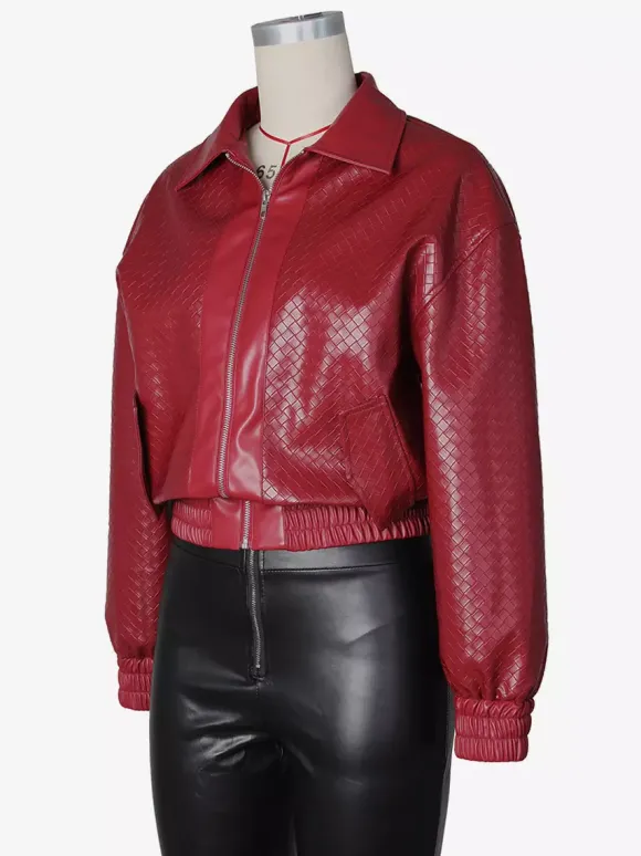 Blouson bomber en similicuir à motif tissé pour femme - Veste courte zippée texturée - Style motard streetwear printemps 2026