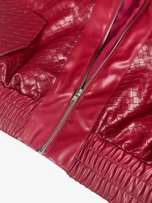 Blouson bomber en similicuir à motif tissé pour femme - Veste courte zippée texturée - Style motard streetwear printemps 2026