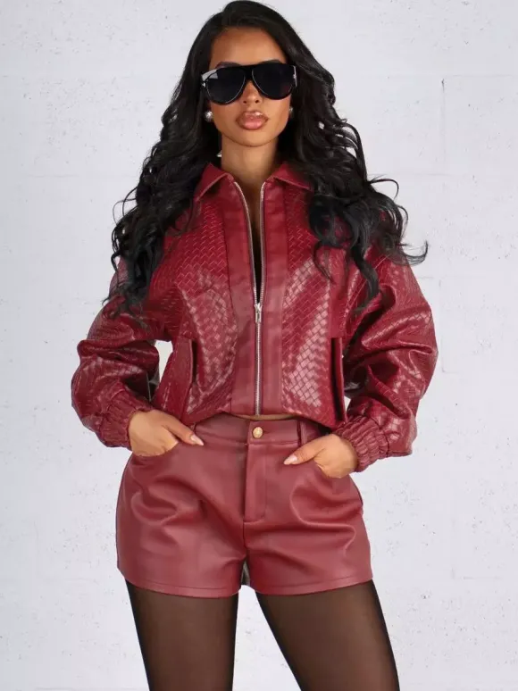 Blouson bomber en similicuir à motif tissé pour femme - Veste courte zippée texturée - Style motard streetwear printemps 2026