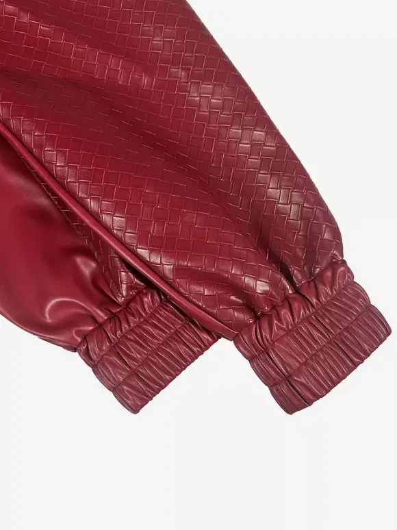 Blouson bomber en similicuir à motif tissé pour femme - Veste courte zippée texturée - Style motard streetwear printemps 2026
