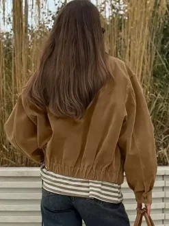 Blouson bomber femme en suédine camel - Fermeture éclair rétro ourlet élastique coupe décontractée - Style streetwear décontracté printemps 2026