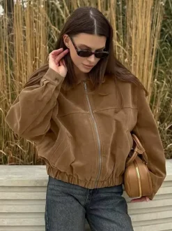 Blouson bomber femme en suédine camel - Fermeture éclair rétro ourlet élastique coupe décontractée - Style streetwear décontracté printemps 2026