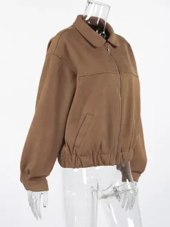 Blouson bomber femme en suédine camel - Fermeture éclair rétro ourlet élastique coupe décontractée - Style streetwear décontracté printemps 2026