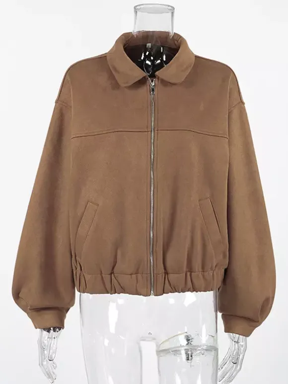 Blouson bomber femme en suédine camel - Fermeture éclair rétro ourlet élastique coupe décontractée - Style streetwear décontracté printemps 2026