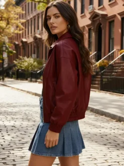 Blouson bomber vintage oversize en similicuir avec ourlet élastique pour femme 2026