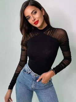 Body À Manches Longues Transparentes Noir Col Haut Chic Femme