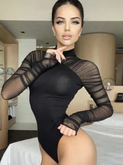 Body À Manches Longues Transparentes Noir Col Haut Chic Femme