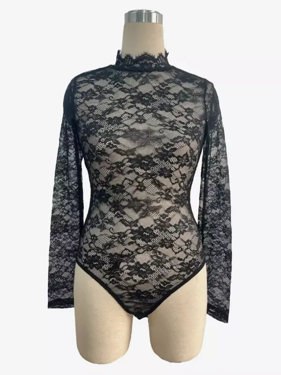 Body en dentelle florale à col montant et manches longues coupe ajustée pour femme 2026
