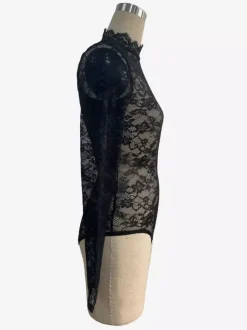 Body en dentelle florale à col montant et manches longues coupe ajustée pour femme 2026