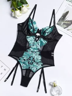 Body en dentelle florale turquoise Teddy avec jarretière armatures et découpes en résille pour femme