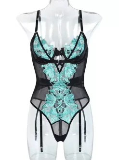 Body en dentelle florale turquoise Teddy avec jarretière armatures et découpes en résille pour femme