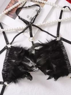 Body en lingerie Teddy Black Feather Harness à bretelles découpées pour femme