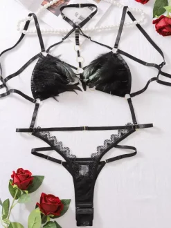Body en lingerie Teddy Black Feather Harness à bretelles découpées pour femme