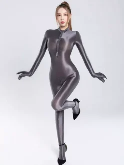Body moulant en lycra brillant et soyeux pour femme fermeture éclair col montant sans coutures couleur unie