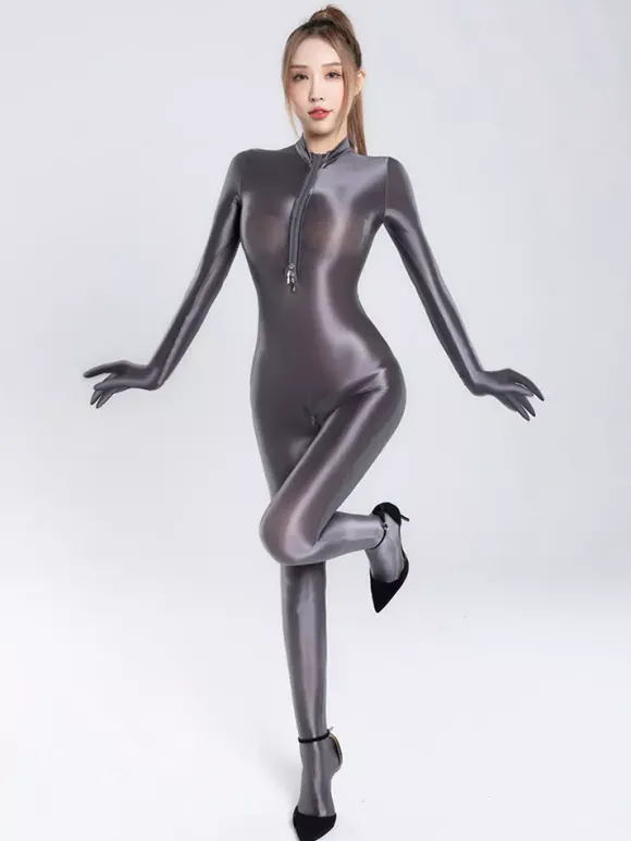 Body moulant en lycra brillant et soyeux pour femme fermeture éclair col montant sans coutures couleur unie