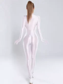 Body moulant en lycra brillant et soyeux pour femme fermeture éclair col montant sans coutures couleur unie