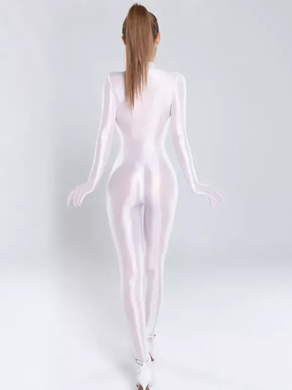 Body moulant en lycra brillant et soyeux pour femme fermeture éclair col montant sans coutures couleur unie