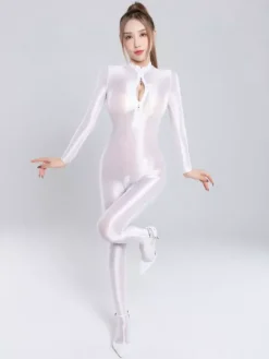 Body moulant en lycra brillant et soyeux pour femme fermeture éclair col montant sans coutures couleur unie