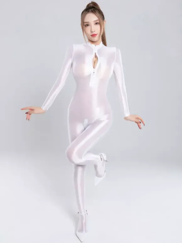 Body moulant en lycra brillant et soyeux pour femme fermeture éclair col montant sans coutures couleur unie