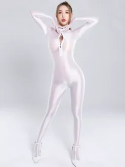 Body moulant en lycra brillant et soyeux pour femme fermeture éclair col montant sans coutures couleur unie