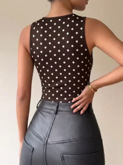 Body sans manches marron foncé à pois et col en V haut sexy en polyester pour femme