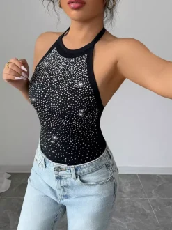 Body sans manches noir dos nu orné de strass haut chic en coton pour femme